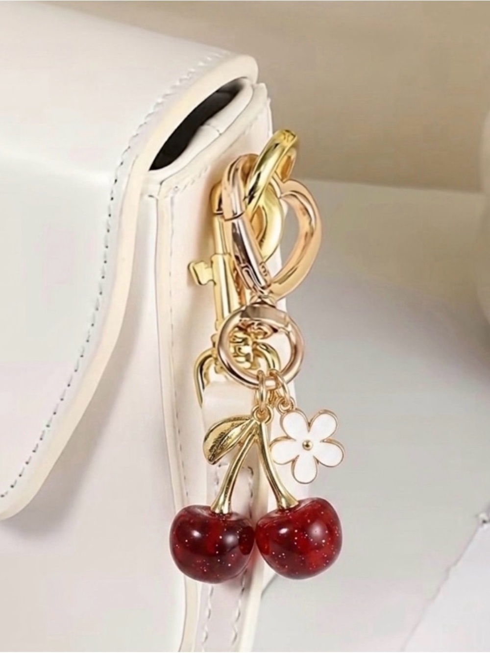 Cherry & Flower Gold Bag Charm With Heart Shaped Clasp - Picture 1 of 7